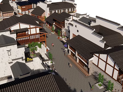 Traditional Chinese Commercial Street With Black Tiled Roofs White Walls Green Plants And Pedestrian Walkway 3d model