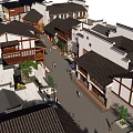 Traditional Chinese Commercial Street With Black Tiled Roofs White Walls Green Plants And Pedestrian Walkway
