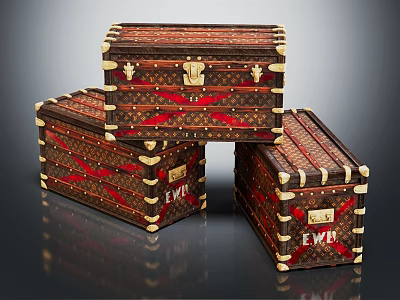 Vintage Brown Trunks With Red Straps Gold Metal Accents And EWR Letters 3d model