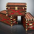 Vintage Brown Trunks With Red Straps Gold Metal Accents And EWR Letters