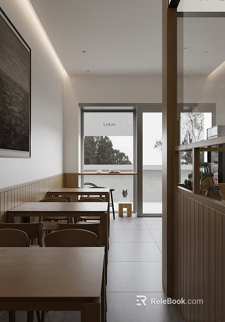 Modern Restaurant Interior With Wooden Tables Chairs Large Windows And Decorative Wall Art 3d model 