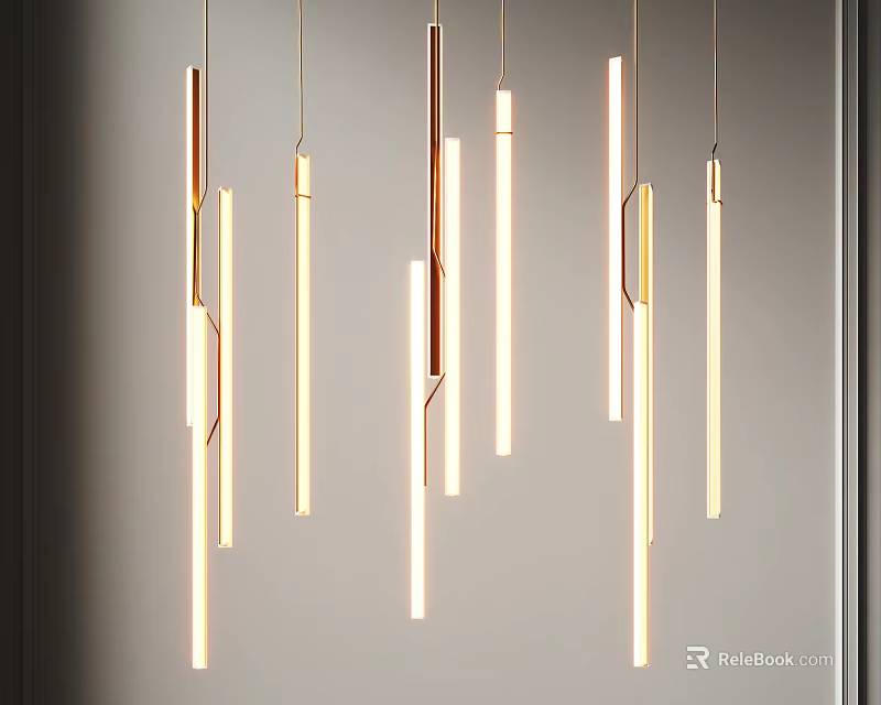 Modern Slim Elongated Pendant Lights With Metal Frame And Warm Glow 3d model 
