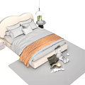 Modern Double Bed With Soft Mattress Pillows Gray Sheets And Bedside Lamp