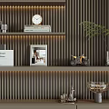 Modern Bookcase On Dark Slat Wall With Books And Decor