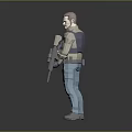 Low Poly 3D Male Character Holding Rifle Wearing Blue Pants And Vest