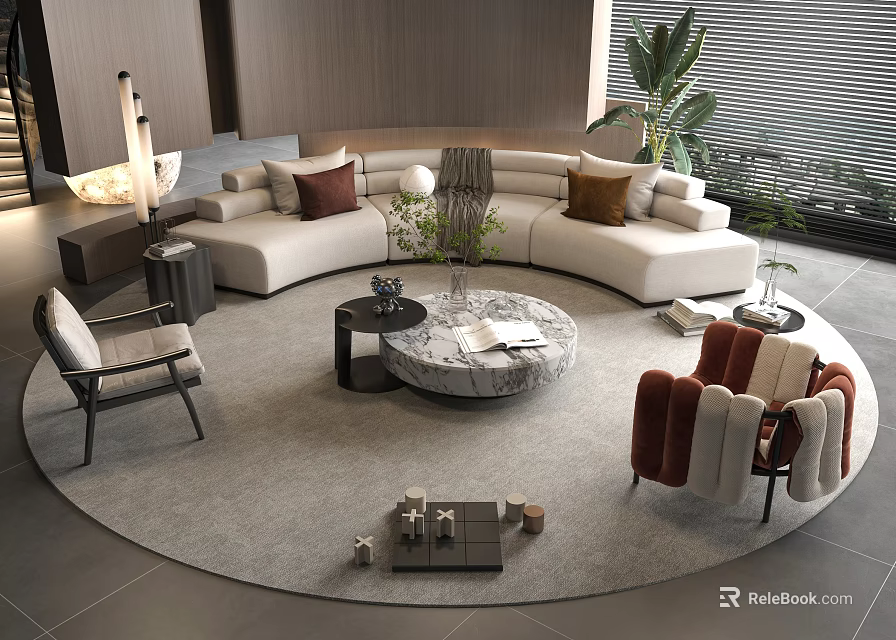 Beige Curved Sofa And Round Marble Coffee Table With Round Rug Armchairs Potted Plant 3d model 
