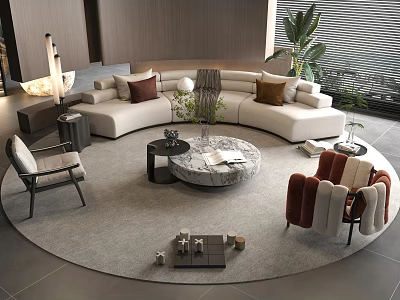 Beige Curved Sofa And Round Marble Coffee Table With Round Rug Armchairs Potted Plant 3d model