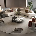 Beige Curved Sofa And Round Marble Coffee Table With Round Rug Armchairs Potted Plant