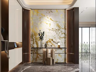 Elegant Modern Foyer Hallway Interior Design With Golden Marble Wall Cabinets And Decorative Plant 3d model