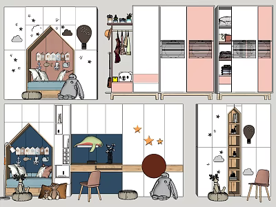 Pink And White Kids Wardrobe With Storage Shelves And Cartoon Decorations In Bedroom 3d model