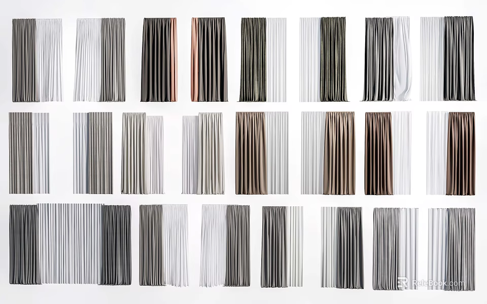 Various Curtain Designs With Striped And Solid Patterns In Neutral Tones 3d model 
