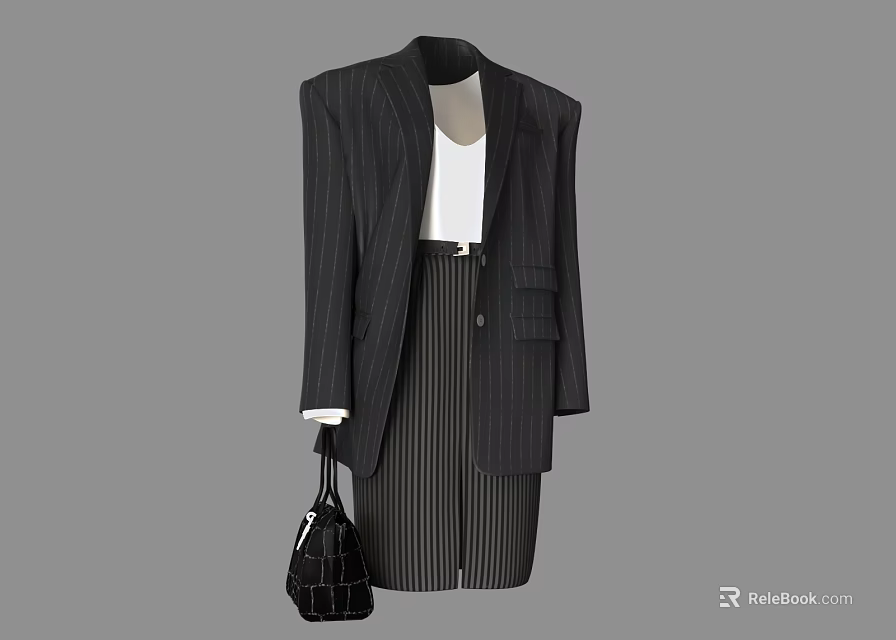 Elegant Black Striped Suit Set With White Top And Black Handbag 3d model 