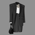 Elegant Black Striped Suit Set With White Top And Black Handbag