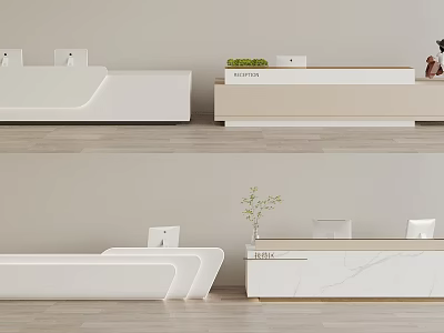 Modern Reception Desk With White Surface Marble Top Minimalist Design And Potted Plant 3d model
