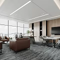 Modern Office Interior Design With Large Windows Leather Sofa Meeting Table And TV Screen 3d model