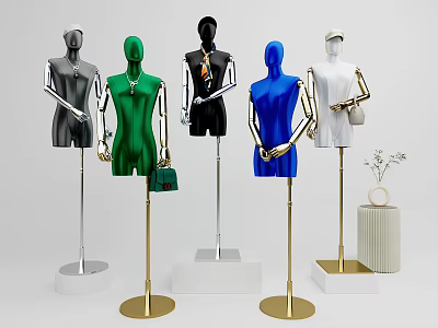 Fashion Mannequins in Green Blue Black and Gray with Handbags on Gold and Silver Bases 3d model