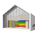 Modern White Building With Pitched Roof Skylights Glass Facade And Colorful Vertical Stripes