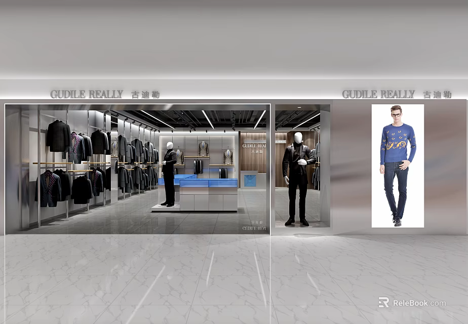 Modern Men's Clothing Store With Mannequins Suits Jackets And Display Racks 3d model 