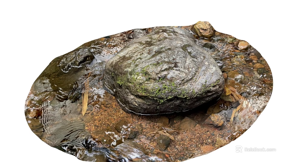 Large Mossy Stone and Wood Logs in Stream Water with Small Stones and Fallen Leaves 3d model 