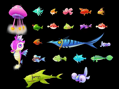 Cute Colorful Cartoon Aquatic Animals Various Types Including Fish Shark Seahorse Jellyfish 3d model