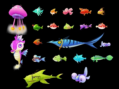 fishing up aquatic animal seahorse jellyfish game character various fish 3d model