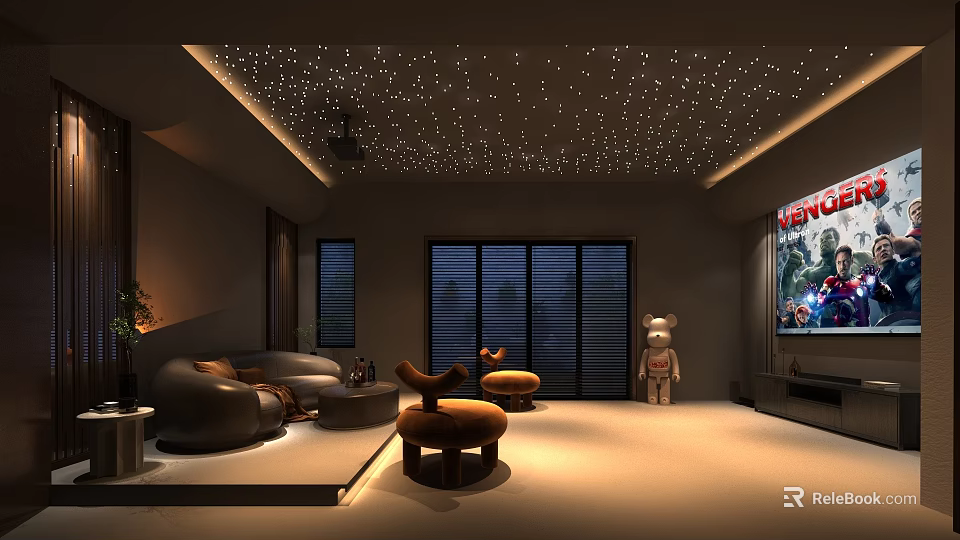 Modern Home Theater Room with Starry Ceiling Lights Comfortable Sofa Stools And Large Screen TV 3d model 