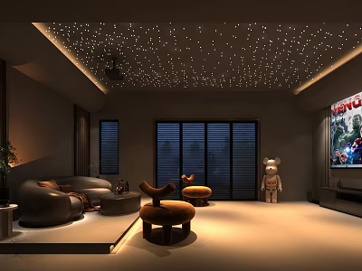 Modern Home Theater Room with Starry Ceiling Lights Comfortable Sofa Stools And Large Screen TV 3d model