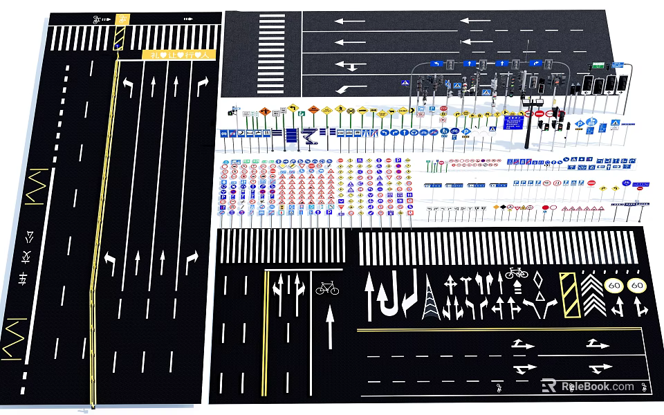Essential Road Facilities Featuring Traffic Signs Lane Markings Directional Arrows And Zebra Crossings 3d model 