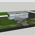 Modern Sales Office Building with Glass Facade Landscaped Garden Green Lawn Colorful Flowers Trees Pathways