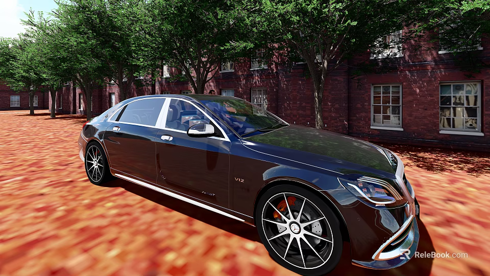 Sleek Black Luxury Sedan Parked By Red Brick Building With Green Trees On Red Ground 3d model 