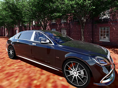 Sleek Black Luxury Sedan Parked By Red Brick Building With Green Trees On Red Ground 3d model