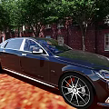 Sleek Black Luxury Sedan Parked By Red Brick Building With Green Trees On Red Ground
