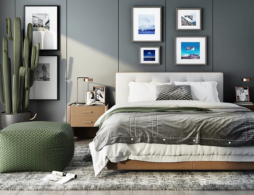 Modern Double Bed Interior with Nightstands Lamps Photo Frames Wall Art Cactus and Bean Bag 3d model 