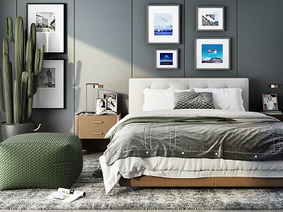Modern Double Bed Interior with Nightstands Lamps Photo Frames Wall Art Cactus and Bean Bag 3d model
