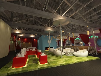 Clubhouse Interior Design With Red And White Sofas Green Flooring Wooden Ceiling And Pendant Lights 3d model