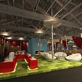 Clubhouse Interior Design With Red And White Sofas Green Flooring Wooden Ceiling And Pendant Lights