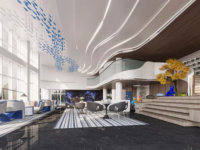 Modern Front Desk Reception Area With Lobby Seating Decorative Lighting And Wooden Accents 3d model