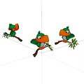 Cute Green Parrots Perched on Tree Branches with Fresh Leaves 3d model