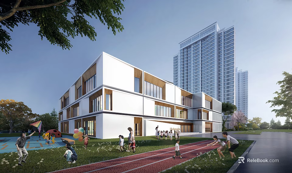 Modern School Building Exterior With Green Lawn Running Track And Children Playing 3d model 
