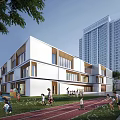 Modern School Building Exterior With Green Lawn Running Track And Children Playing