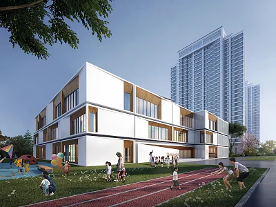Modern School Building Exterior With Green Lawn Running Track And Children Playing 3d model