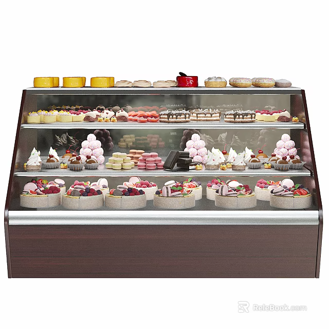Multi tiered Glass Display Cabinet Shelf With Assorted Pastries Cakes Macarons And Donuts 3d model 