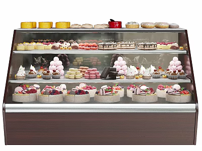 Multi tiered Glass Display Cabinet Shelf With Assorted Pastries Cakes Macarons And Donuts 3d model