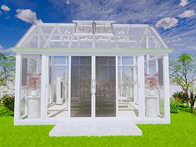 Transparent Glass Villa Balcony With White Frame Skylights Green Lawn And Red Flowers 3d model