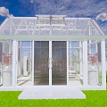 Transparent Glass Villa Balcony With White Frame Skylights Green Lawn And Red Flowers