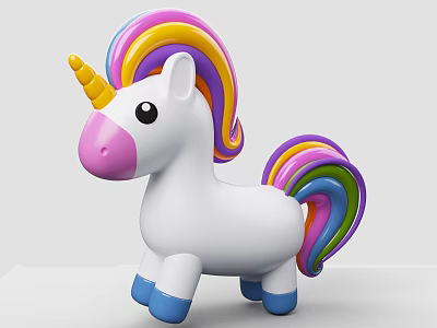 Cute Unicorn Toy With White Body Pink Nose Yellow Horn Blue Hooves Rainbow Mane Tail 3d model