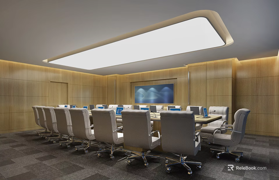 Modern Conference Room with Wooden Walls Long Table Ergonomic Chairs Large Screen and Ceiling Light 3d model 