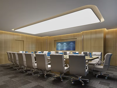 Modern Conference Room with Wooden Walls Long Table Ergonomic Chairs Large Screen and Ceiling Light 3d model
