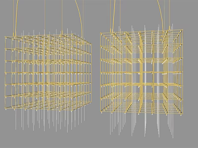 Golden Cube Shaped Chandeliers with Metal Frame Grid Design and Hanging Slender Parts 3d model