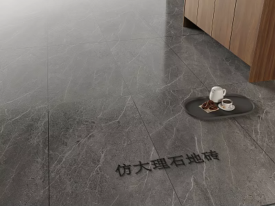 Marble Look Floor Tiles in Modern Kitchen with Wooden Cabinets and Coffee Tray 3d model